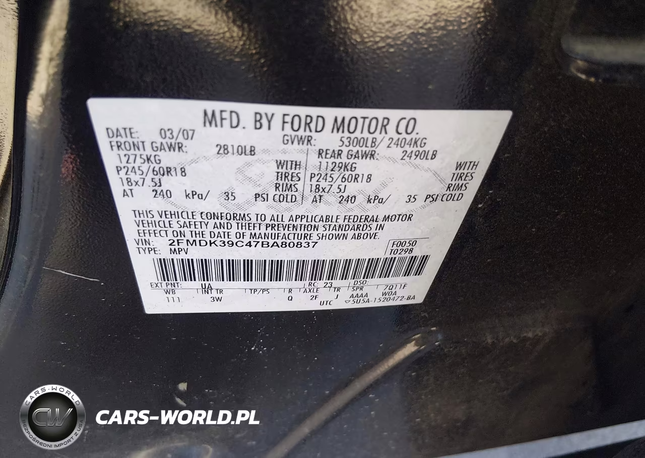 2007 Ford Edge Sel Plus VIN:2FMDK39C47BA80837 - 9