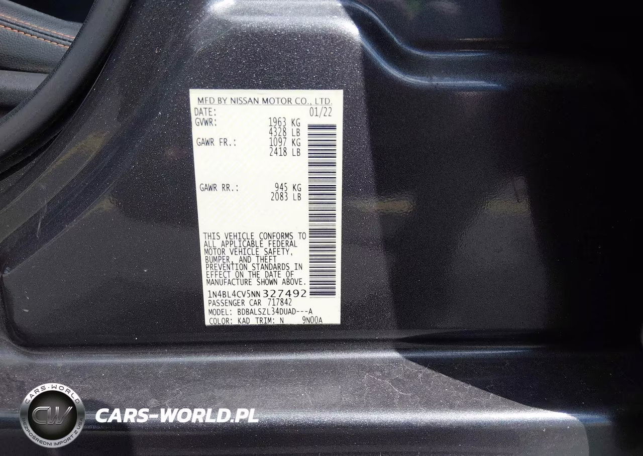 2022 Nissan Altima Sr Fwd VIN:1N4BL4CV5NN327492 - 9