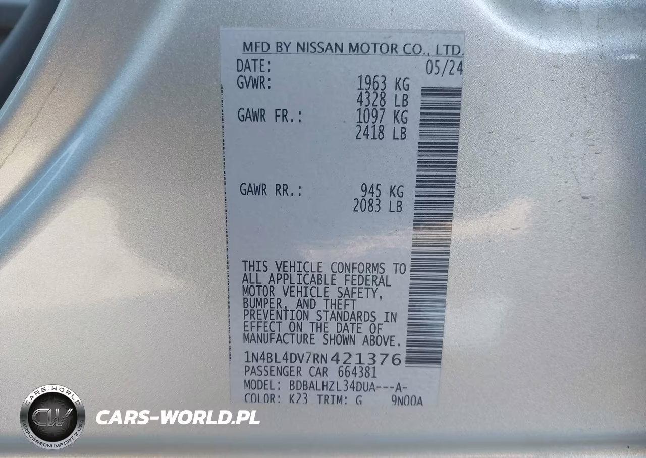 2024 Nissan Altima Sv Fwd VIN:1N4BL4DV7RN421376 - 9