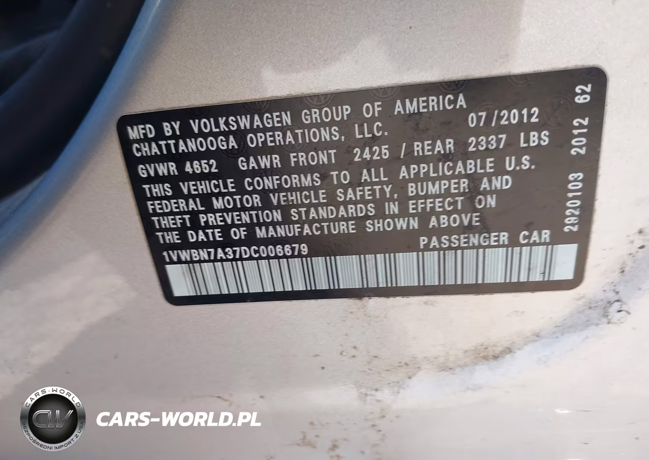 2013 Volkswagen Passat 2.0L Tdi Se VIN:1VWBN7A37DC006679 - 9