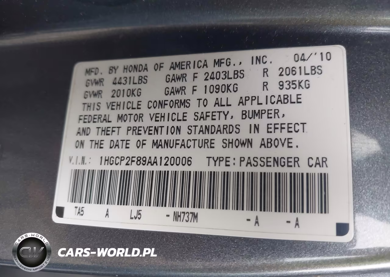 2010 Honda Accord 2.4 Ex-L VIN:1HGCP2F89AA120006 - 9