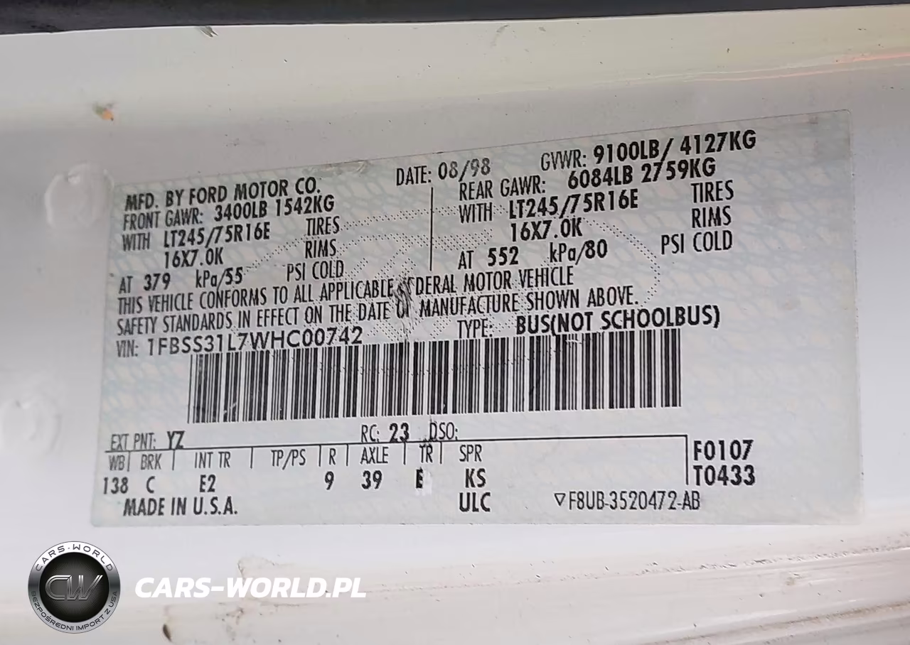 1998 Ford Super Club Wagon Xl-Xlt VIN:1FBSS31L7WHC00742 - 9