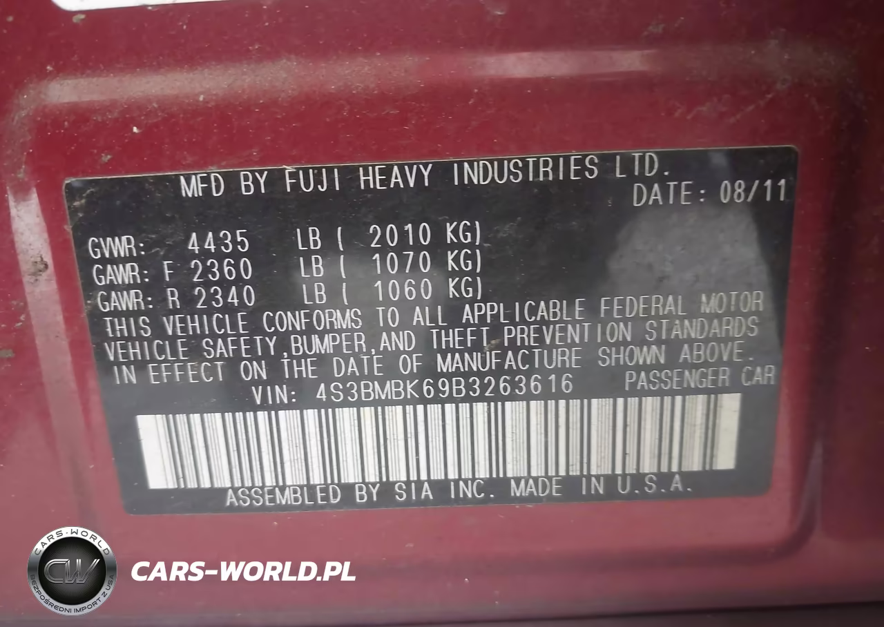 2011 Subaru Legacy 2.5I Limited VIN:4S3BMBK69B3263616 - 9