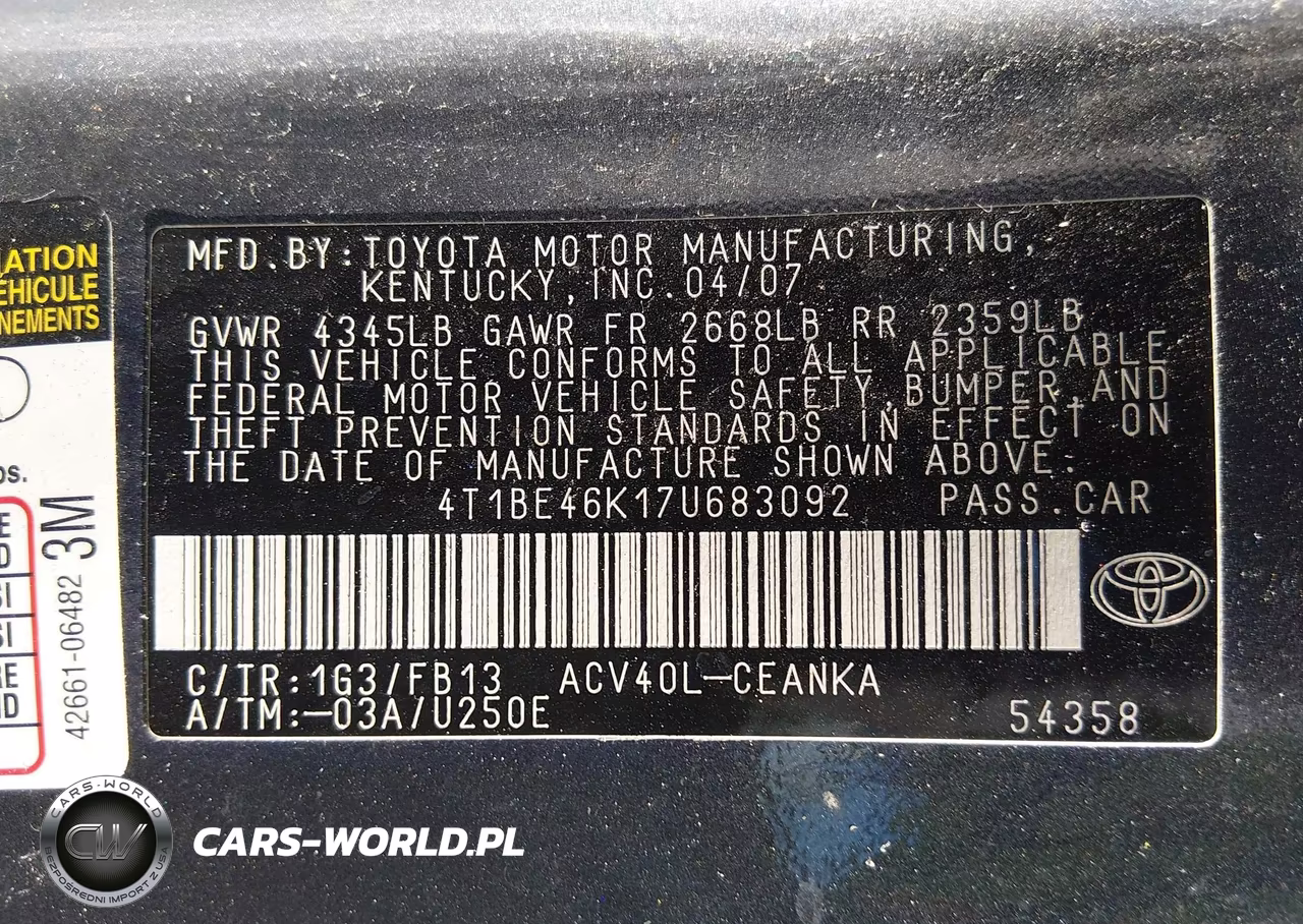 2007 Toyota Camry Le VIN:4T1BE46K17U683092 - 9