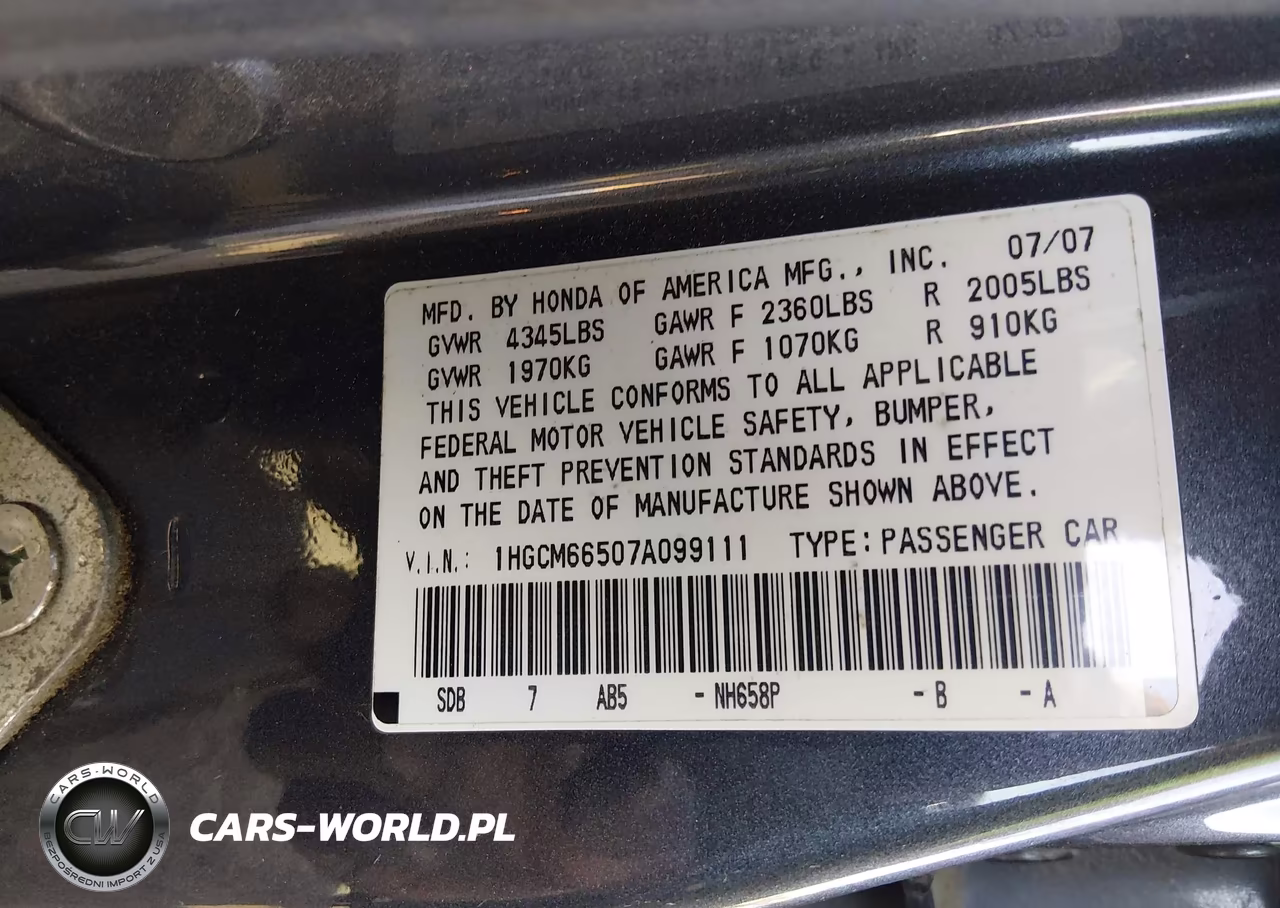 2007 Honda Accord 3.0 Ex VIN:1HGCM66507A099111 - 9