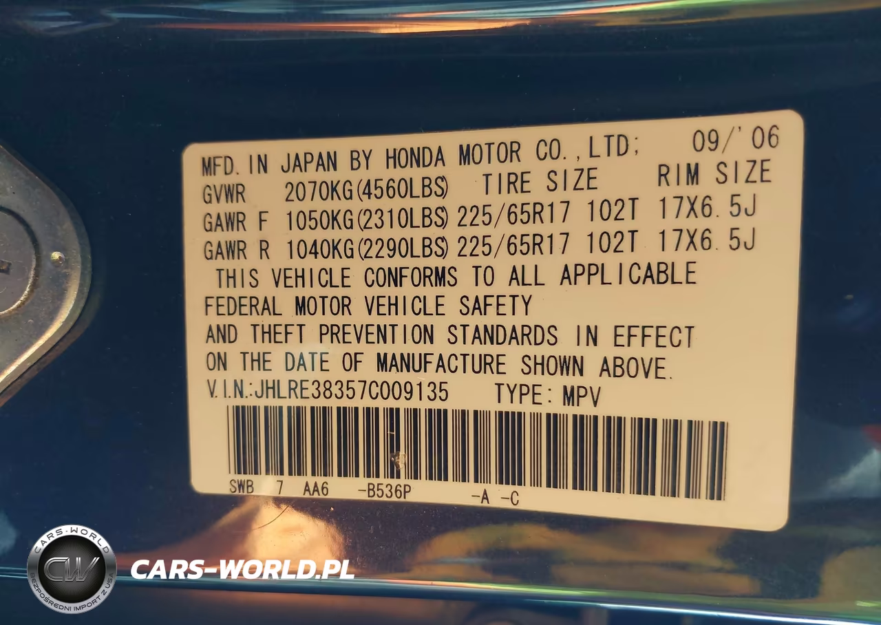2007 Honda Cr-V Lx VIN:JHLRE38357C009135 - 9
