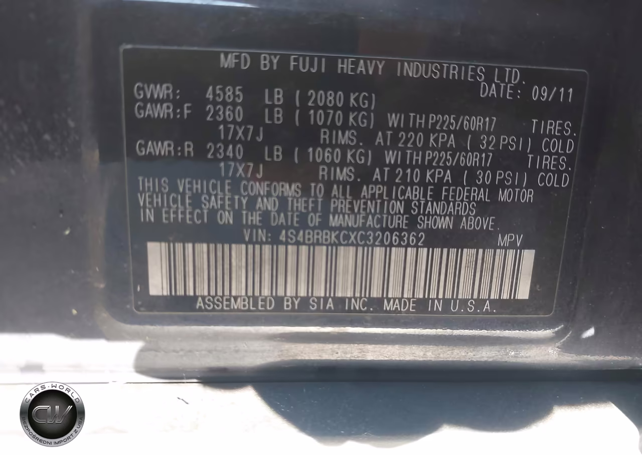 2012 Subaru Outback 2.5I Limited VIN:4S4BRBKCXC3206362 - 9