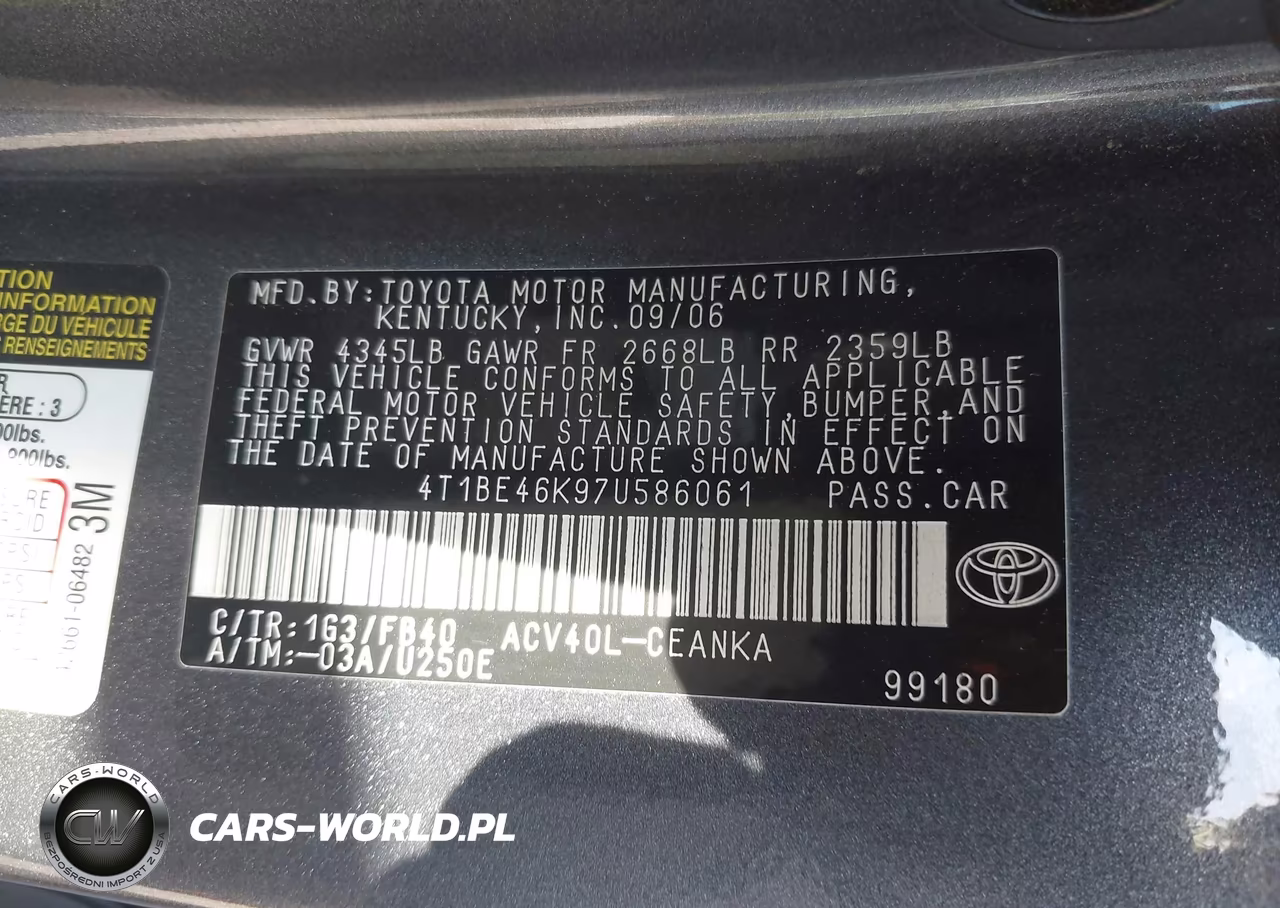 2007 Toyota Camry Le VIN:4T1BE46K97U586061 - 9