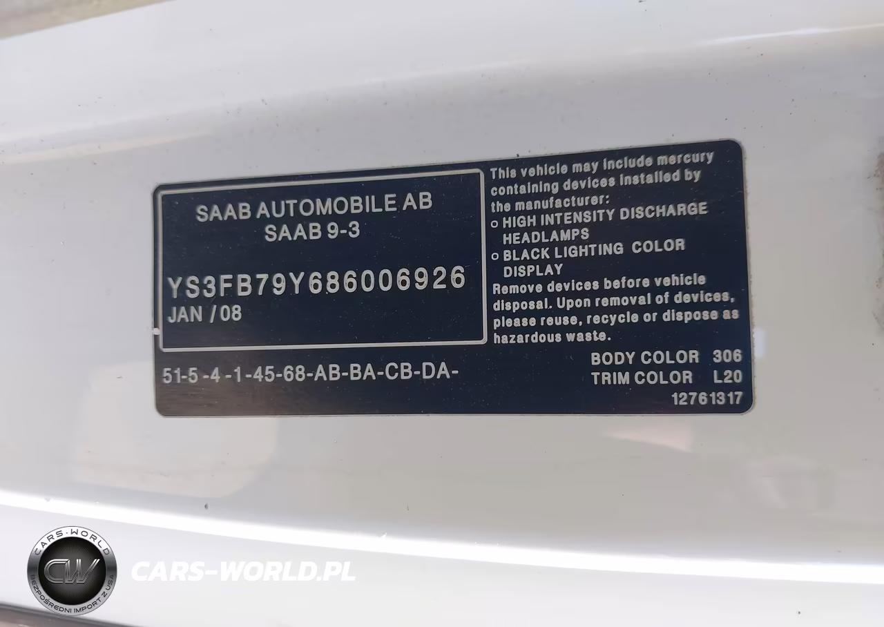 2008 Saab 9-3 2.0T VIN:YS3FB79Y686006926 - 9