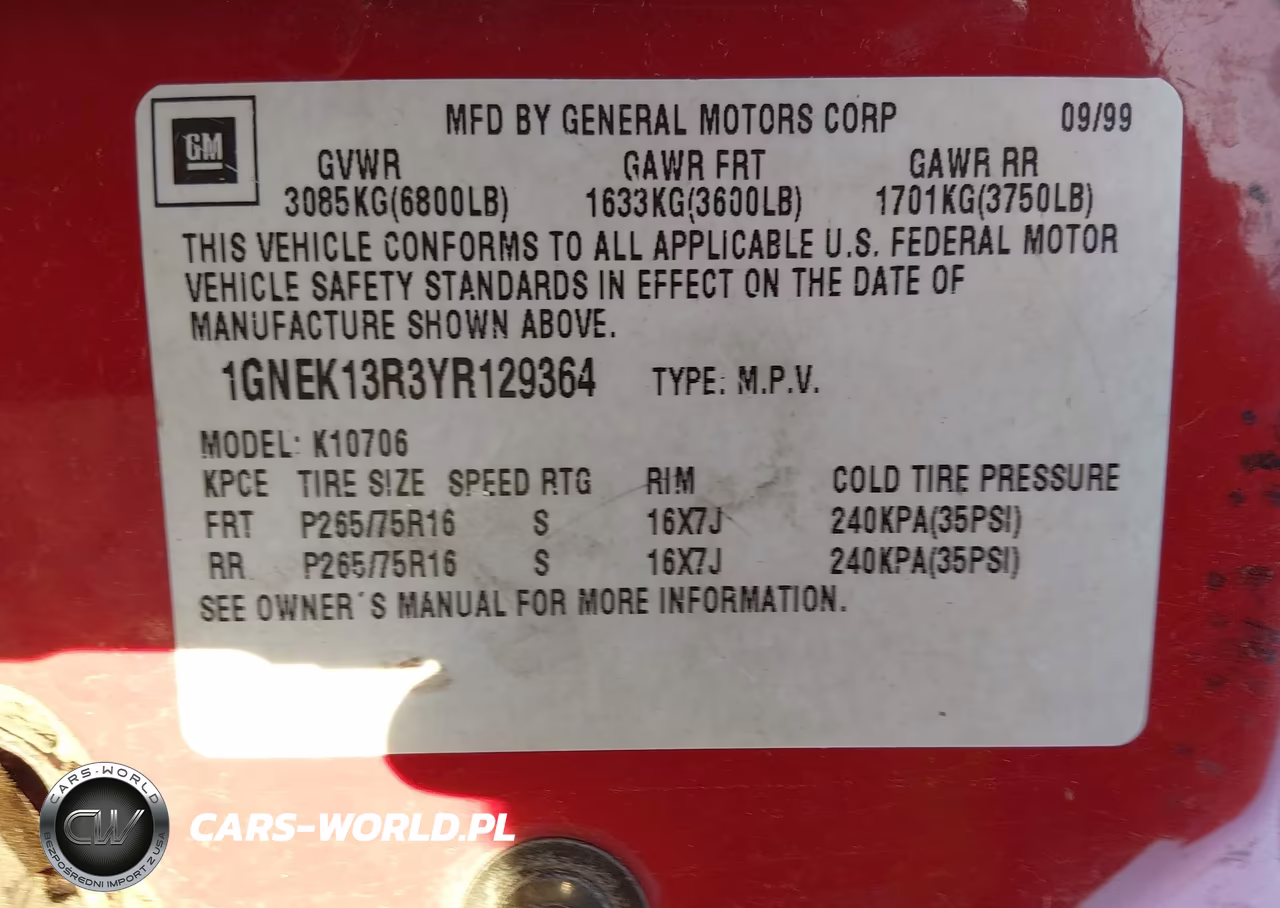 2000 Chevrolet Tahoe Z71 VIN:1GNEK13R3YR129364 - 9