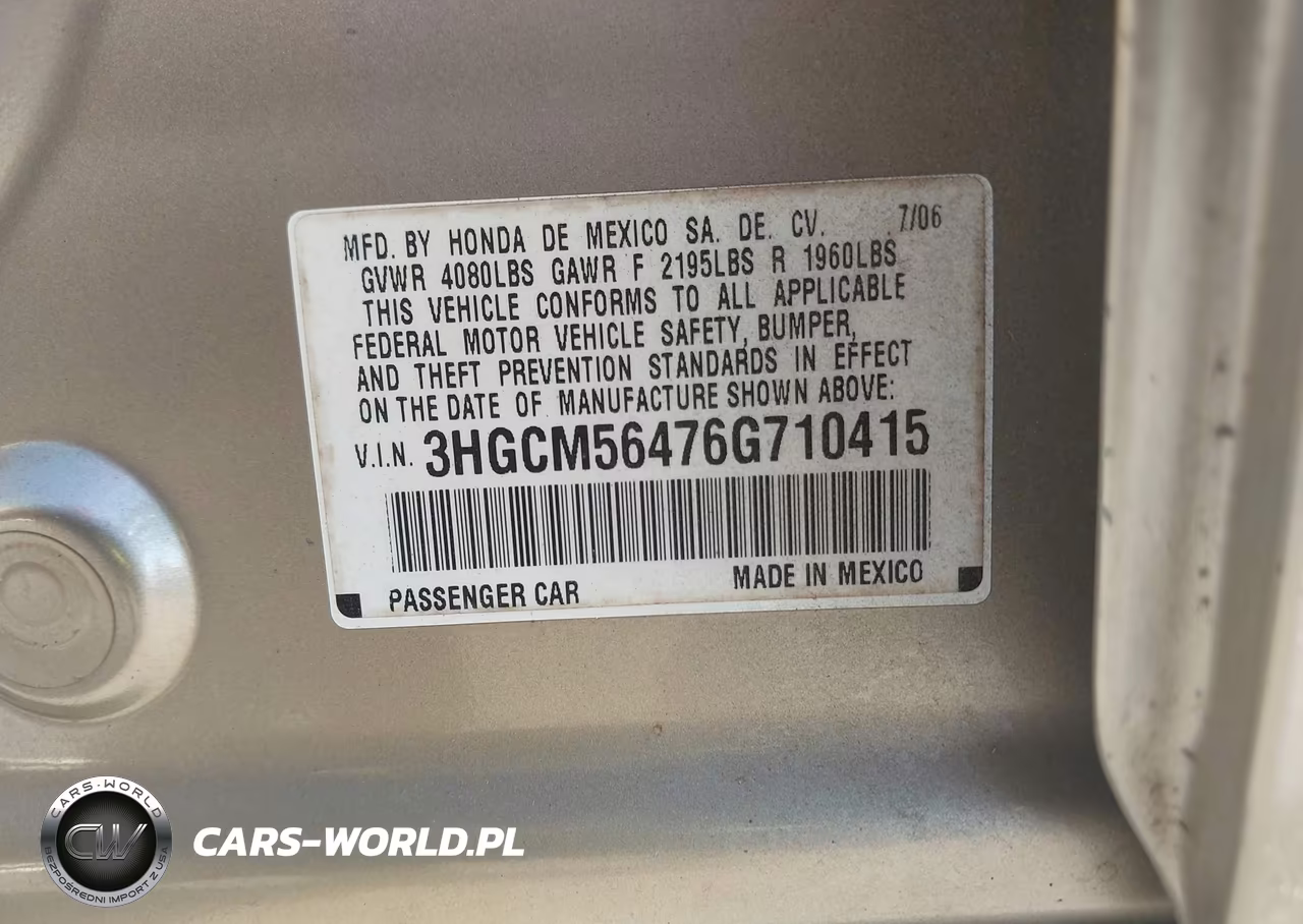 2006 Honda Accord 2.4 Lx VIN:3HGCM56476G710415 - 9