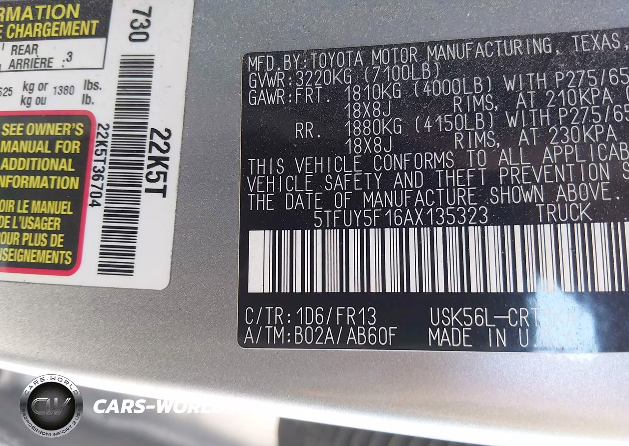 2010 Toyota Tundra Grade 5.7L V8 VIN:5TFUY5F16AX135323 - 9