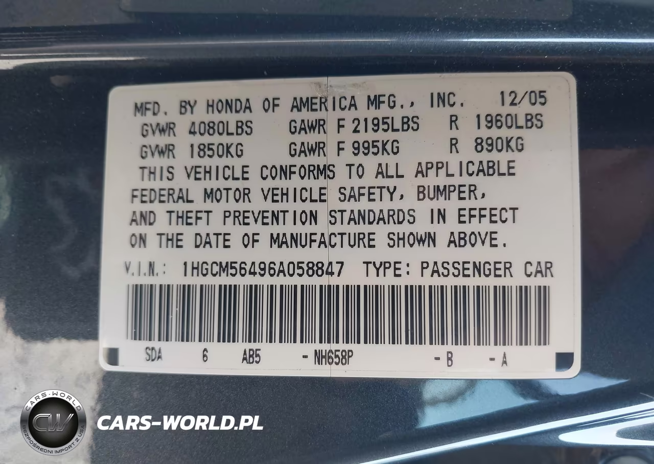 2006 Honda Accord 2.4 Lx VIN:1HGCM56496A058847 - 9