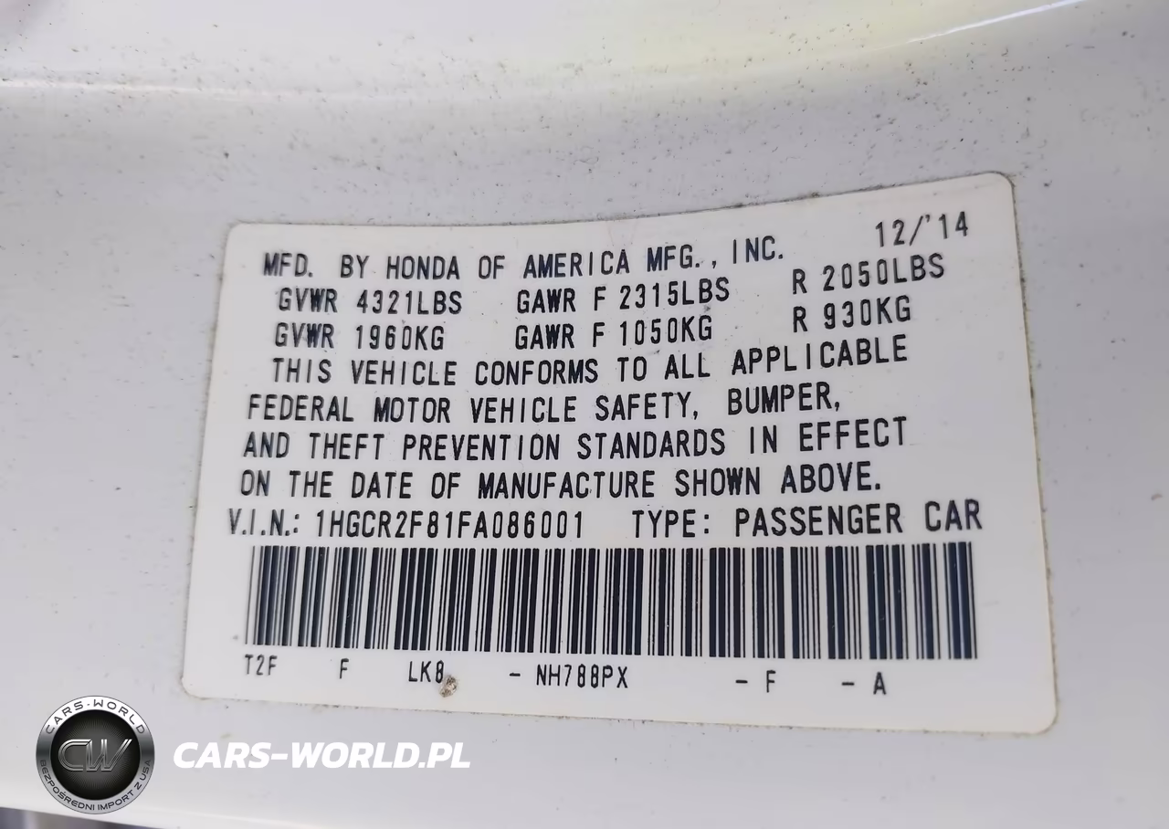 2015 Honda Accord Ex-L VIN:1HGCR2F81FA086001 - 9