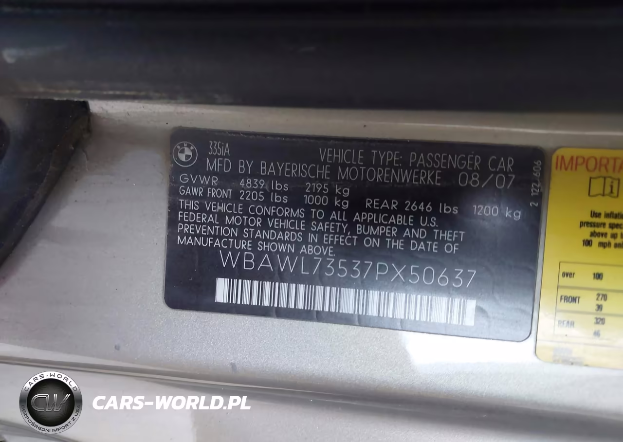 2007 BMW 335I VIN:WBAWL73537PX50637 - 9