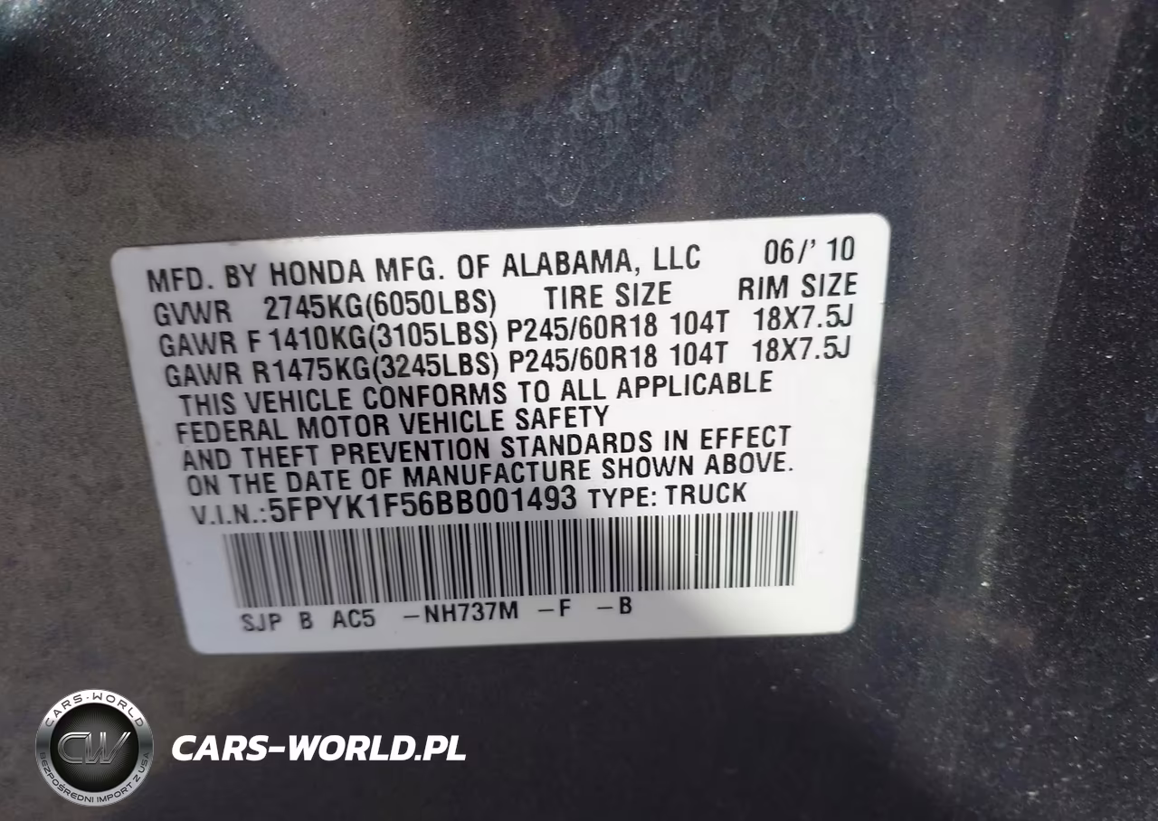 2011 Honda Ridgeline Rtl VIN:5FPYK1F56BB001493 - 9