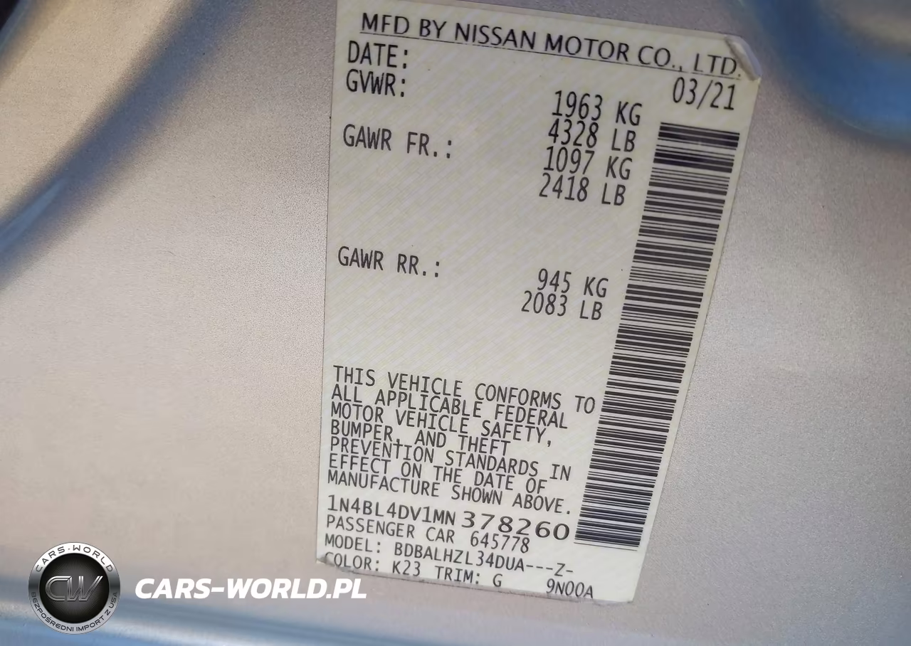 2021 Nissan Altima Sv Fwd VIN:1N4BL4DV1MN378260 - 9