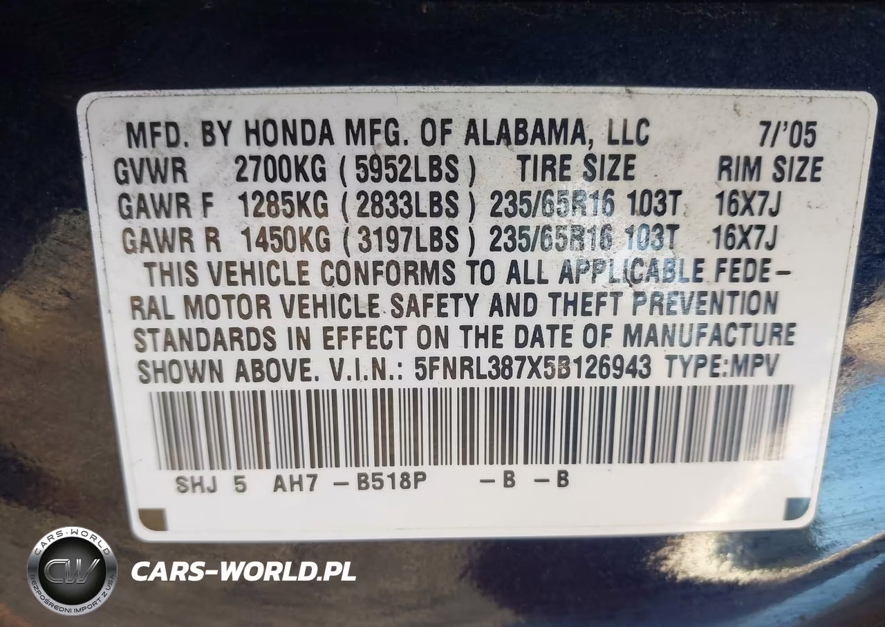 2005 Honda Odyssey Ex-L VIN:5FNRL387X5B126943 - 9