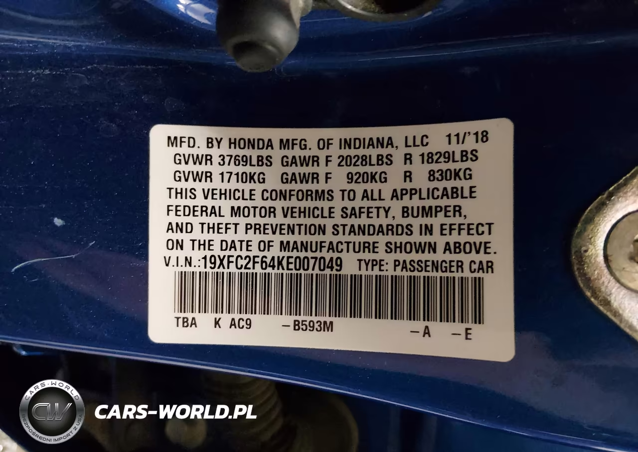 2019 Honda Civic Lx VIN:19XFC2F64KE007049 - 9