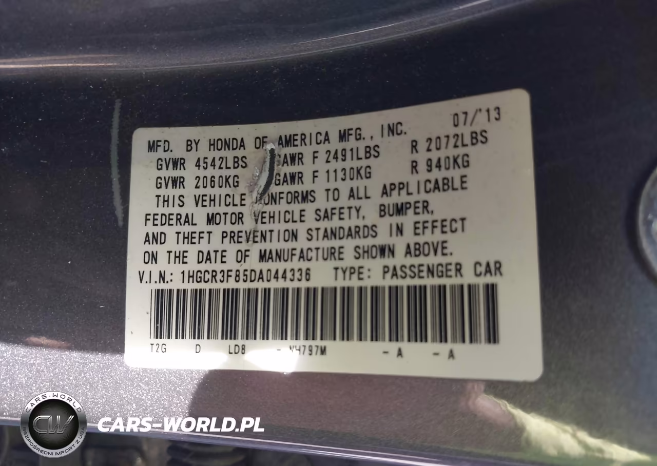 2013 Honda Accord Ex-L V-6 VIN:1HGCR3F85DA044336 - 9