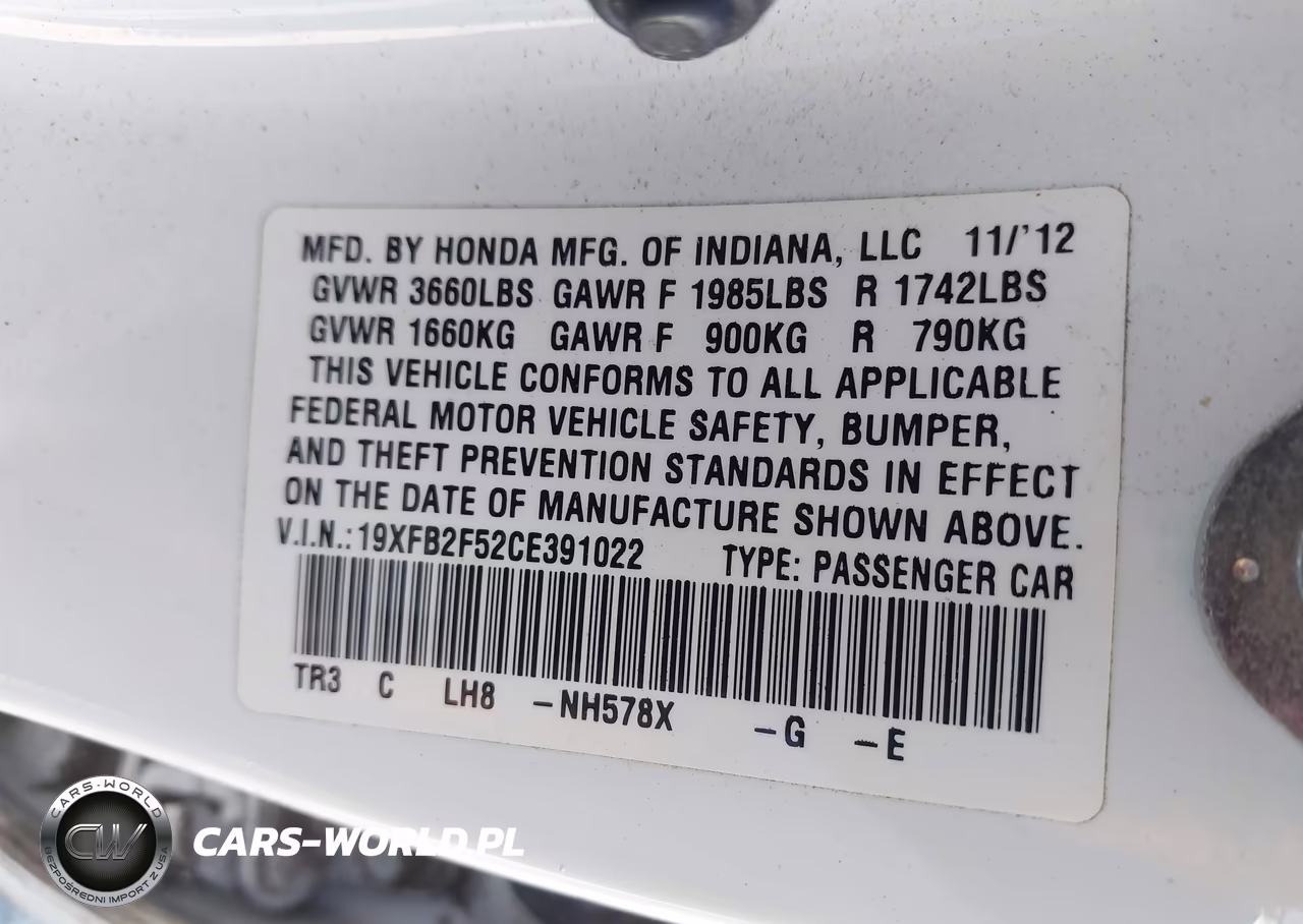 2012 Honda Civic Lx VIN:19XFB2F52CE391022 - 9