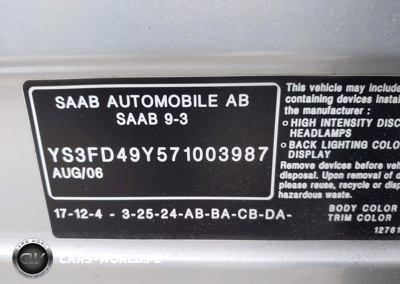 2007 Saab 9-3 2.0T VIN:YS3FD49Y571003987 - 9
