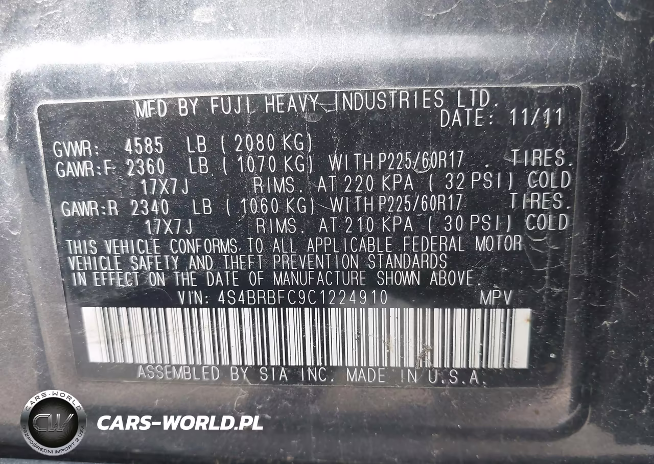 2012 Subaru Outback 2.5I Premium VIN:4S4BRBFC9C1224910 - 9