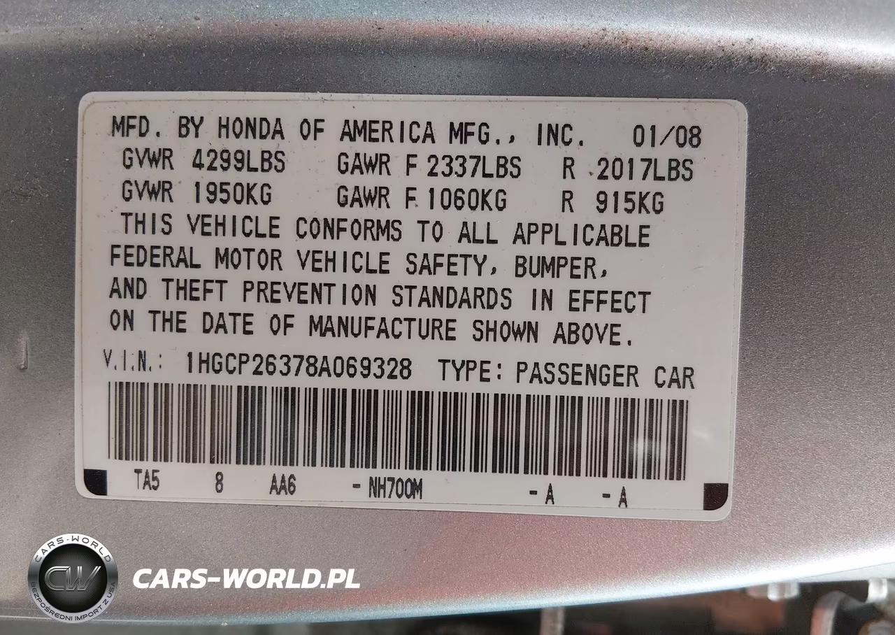 2008 Honda Accord 2.4 Lx VIN:1HGCP26378A069328 - 9