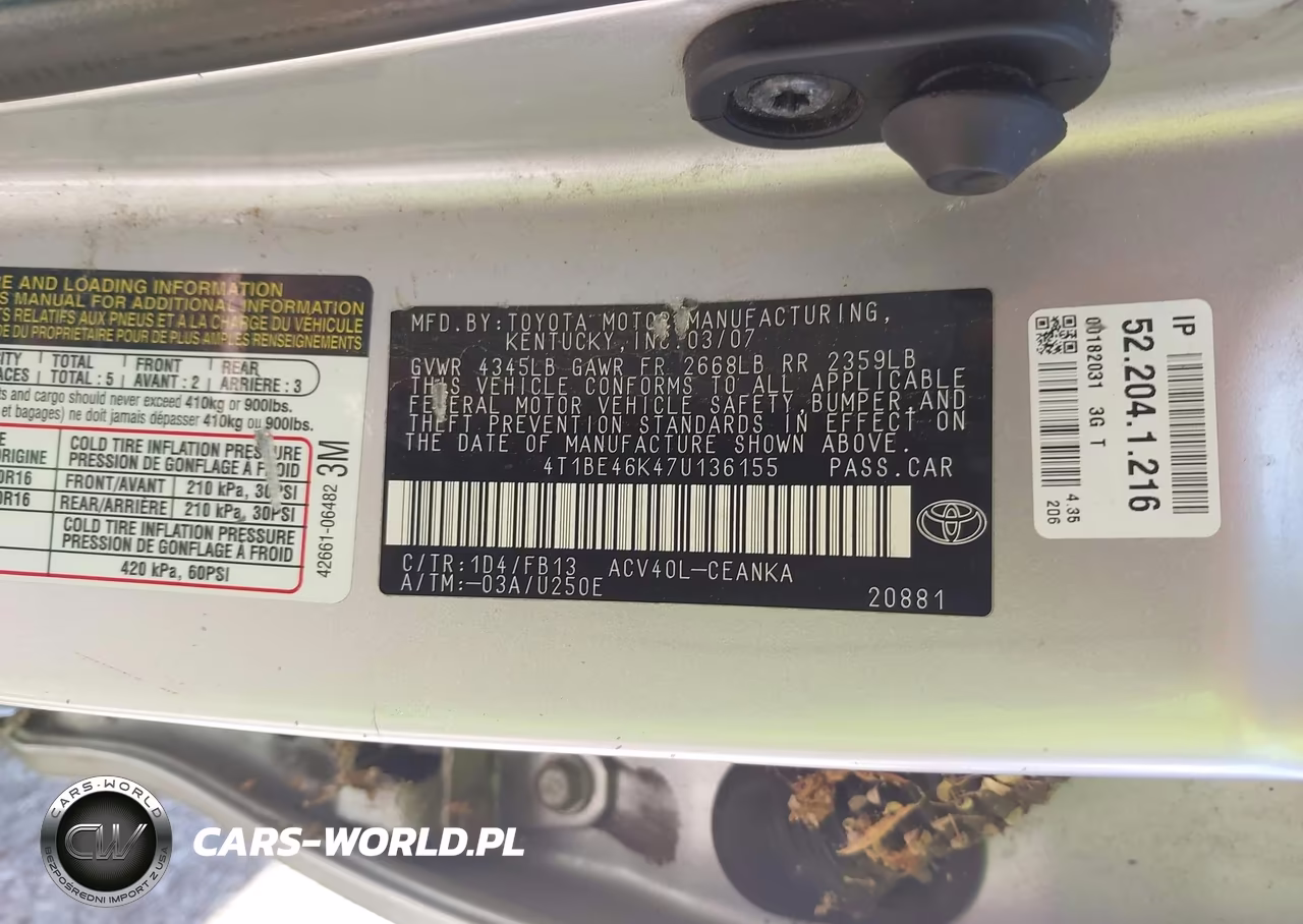 2007 Toyota Camry Le VIN:4T1BE46K47U136155 - 9