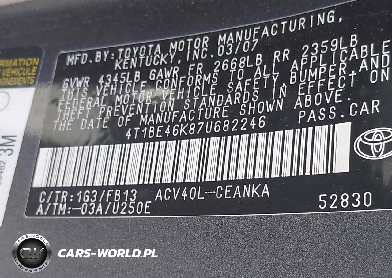 2007 Toyota Camry Le VIN:4T1BE46K87U682246 - 9