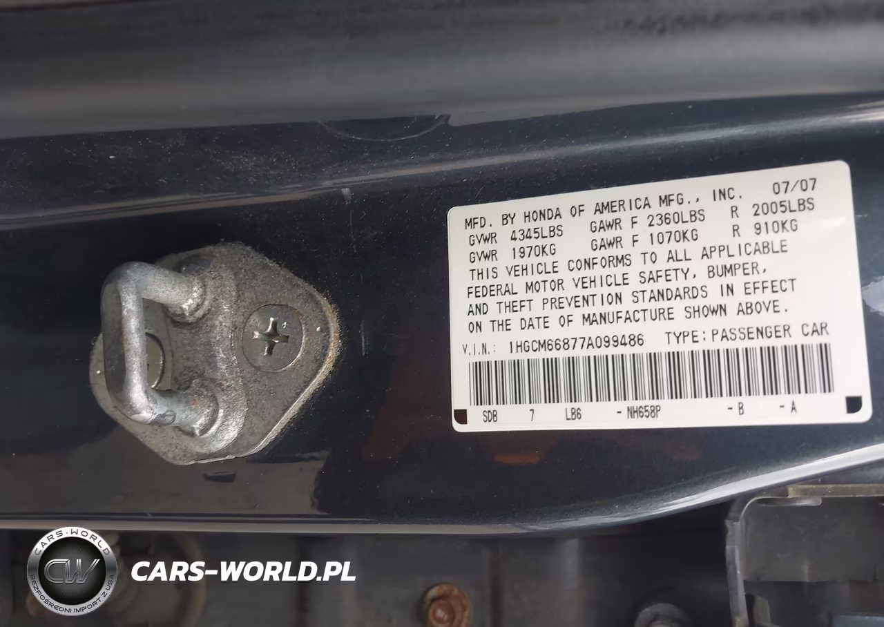 2007 Honda Accord 3.0 Ex VIN:1HGCM66877A099486 - 9