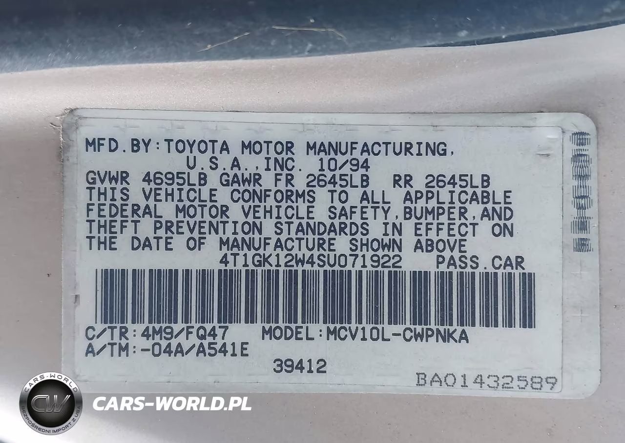 1995 Toyota Camry Le VIN:4T1GK12W4SU071922 - 9
