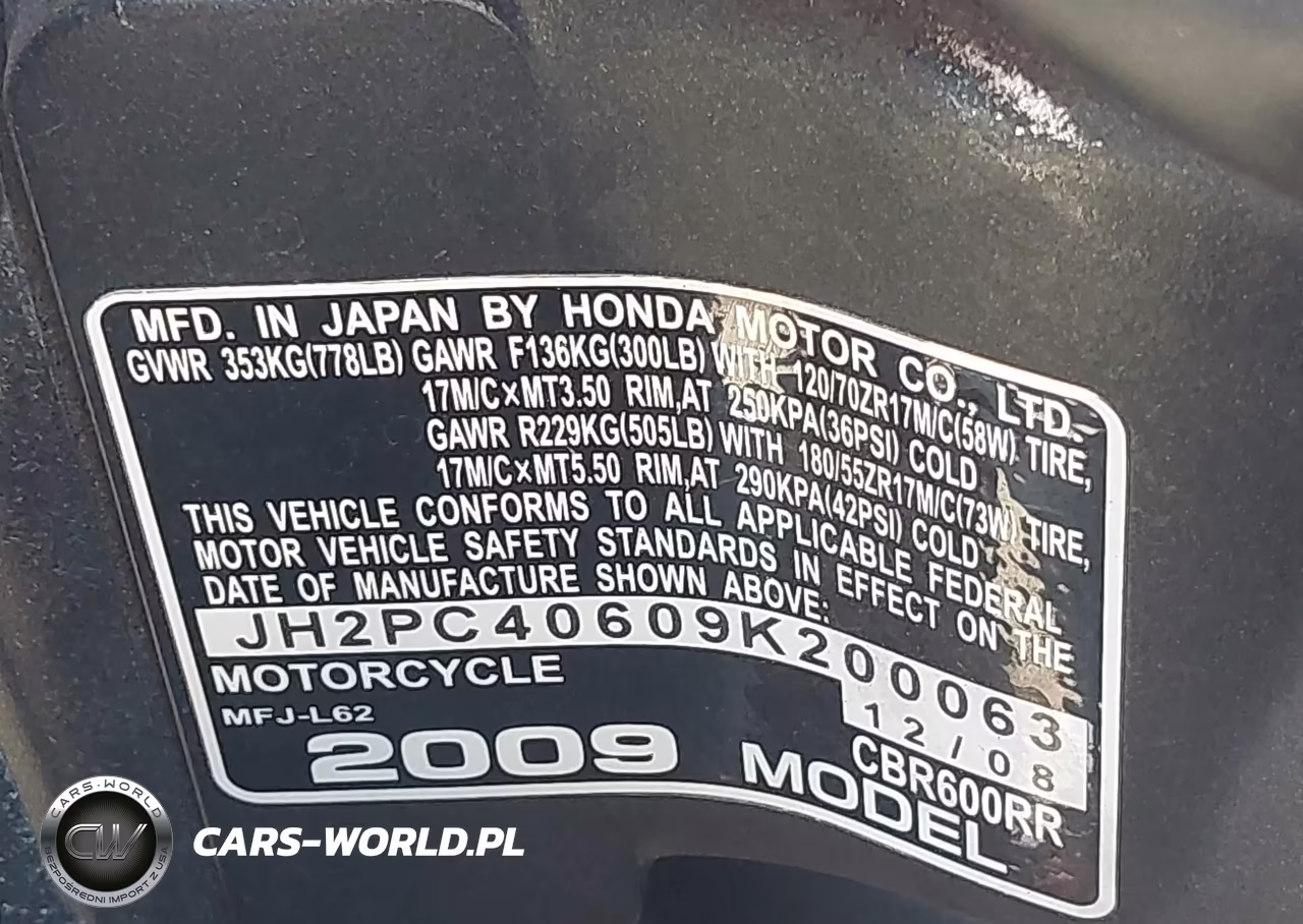 2009 Honda Cbr600 Rr VIN:JH2PC40609K200063 - 10