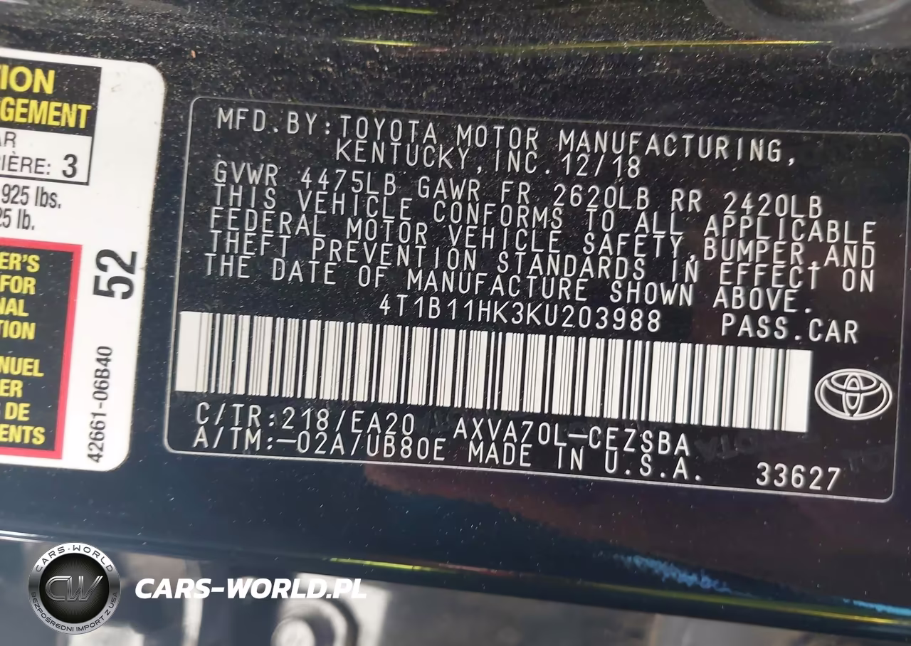 2019 Toyota Camry Se VIN:4T1B11HK3KU203988 - 9