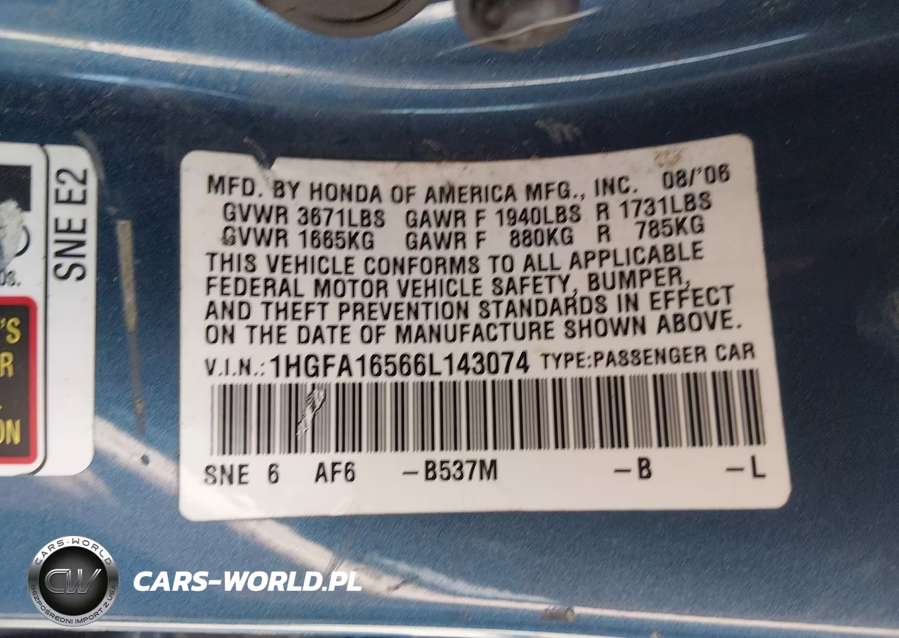 2006 Honda Civic Lx VIN:1HGFA16566L143074 - 9