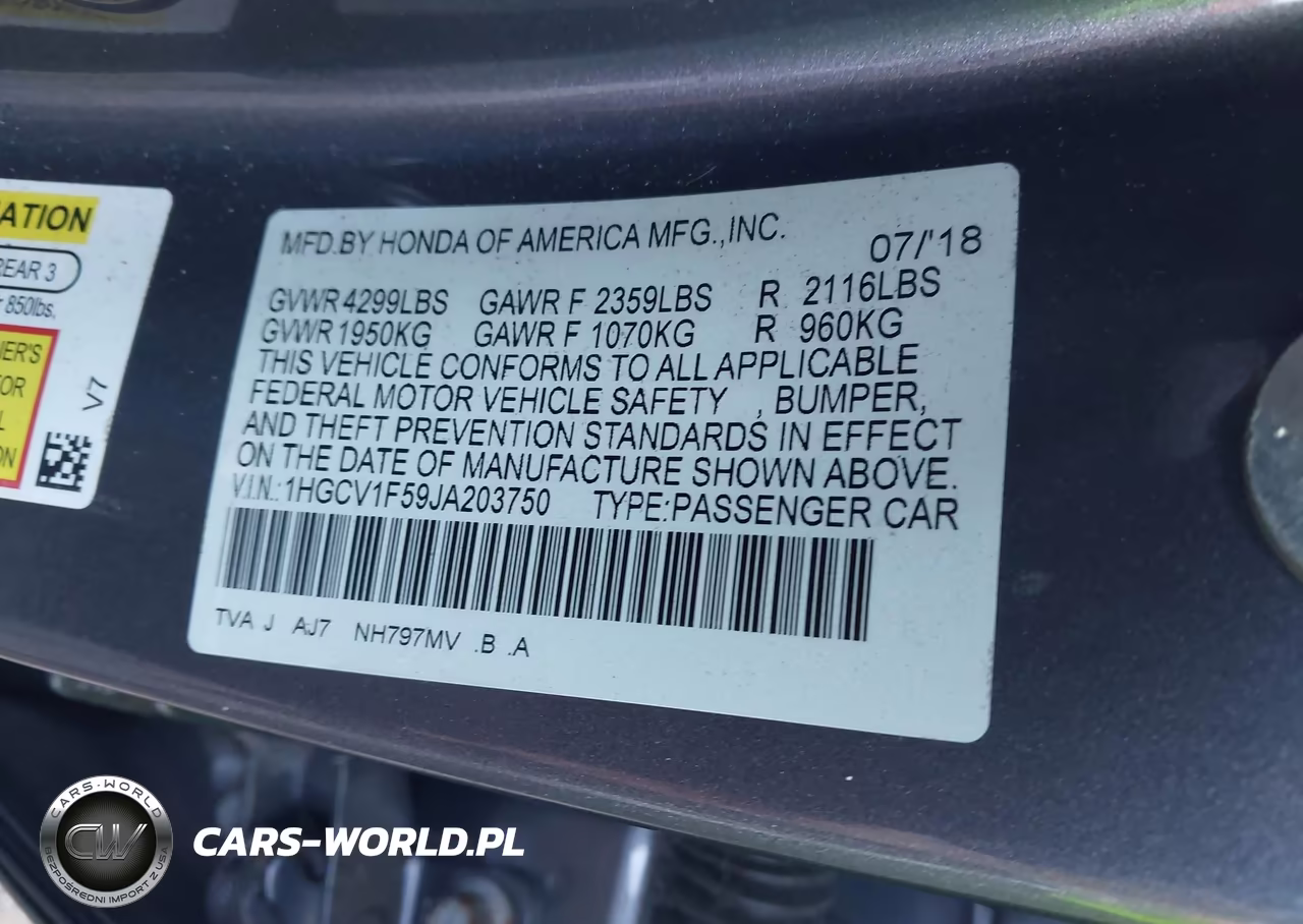 2018 Honda Accord Ex-L VIN:1HGCV1F59JA203750 - 9