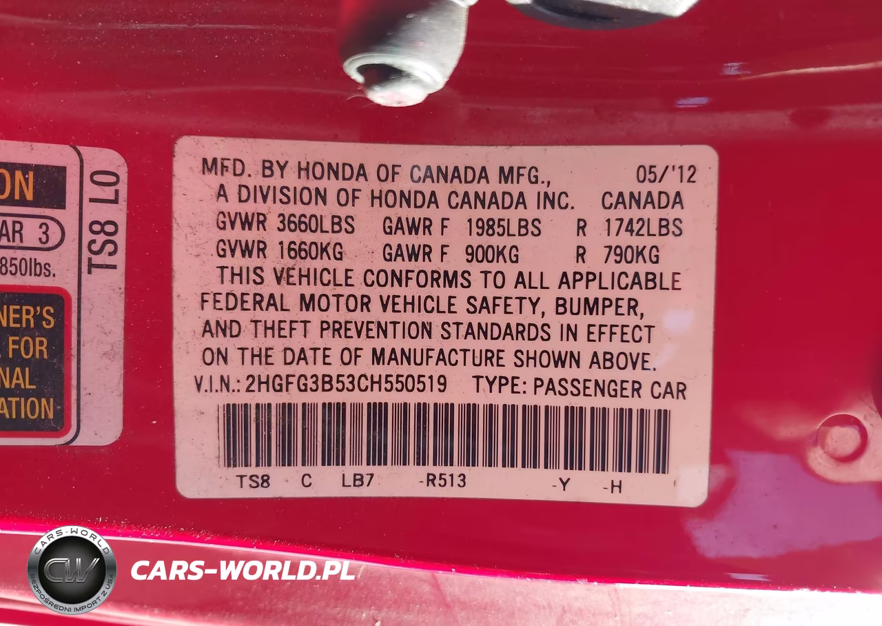 2012 Honda Civic Lx VIN:2HGFG3B53CH550519 - 9