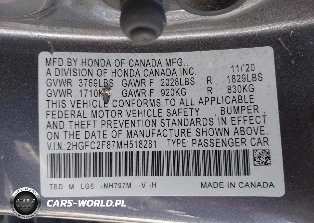 2021 Honda Civic Sport VIN:2HGFC2F87MH518281 - 9