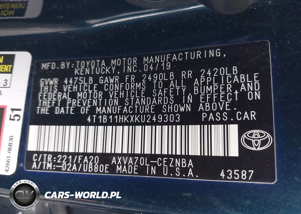 2019 Toyota Camry Le VIN:4T1B11HKXKU249303 - 9