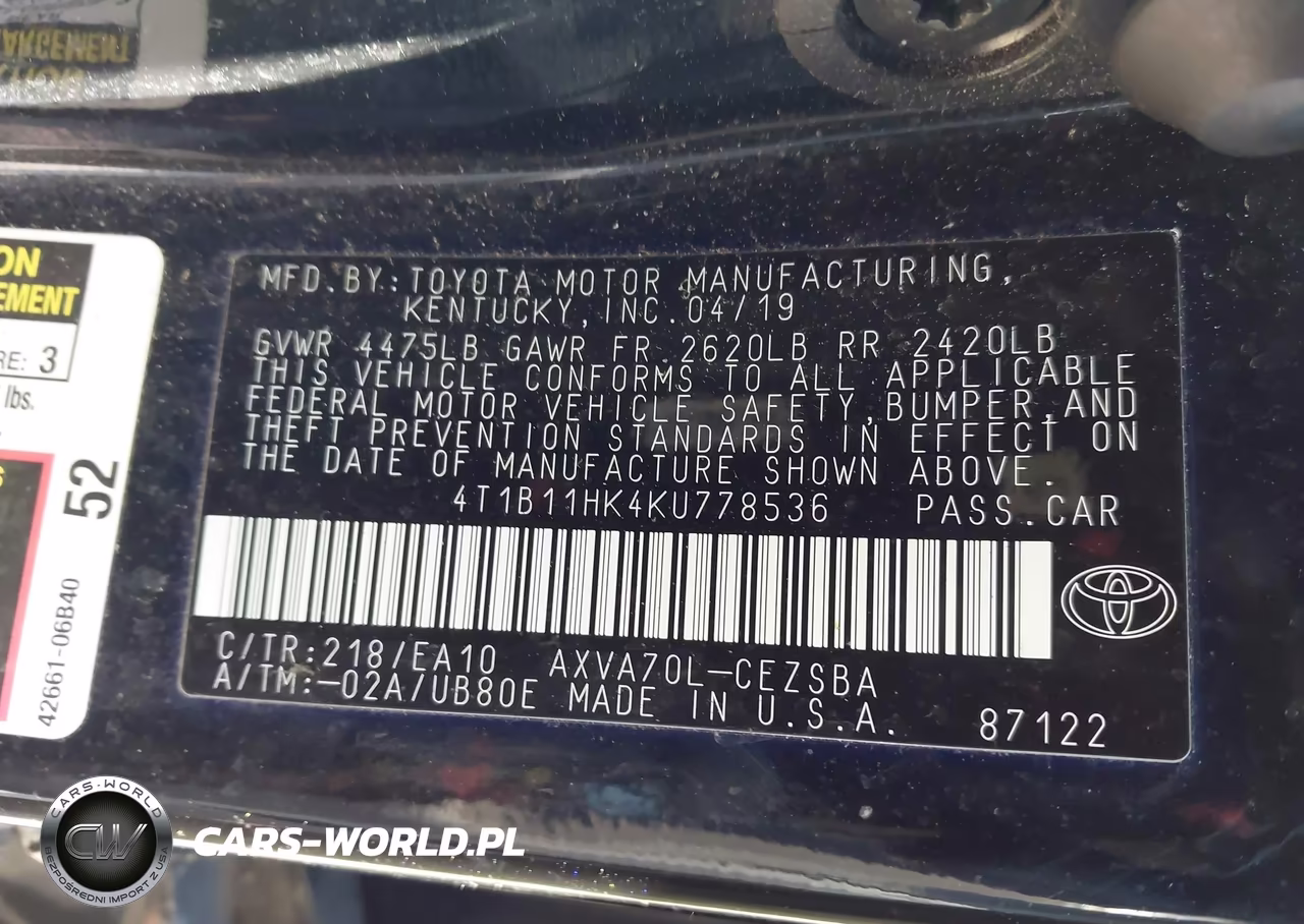2019 Toyota Camry Se VIN:4T1B11HK4KU778536 - 9