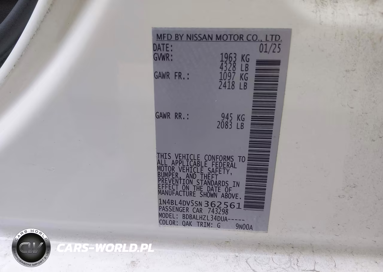 2025 Nissan Altima Sv Fwd VIN:1N4BL4DV5SN362561 - 9