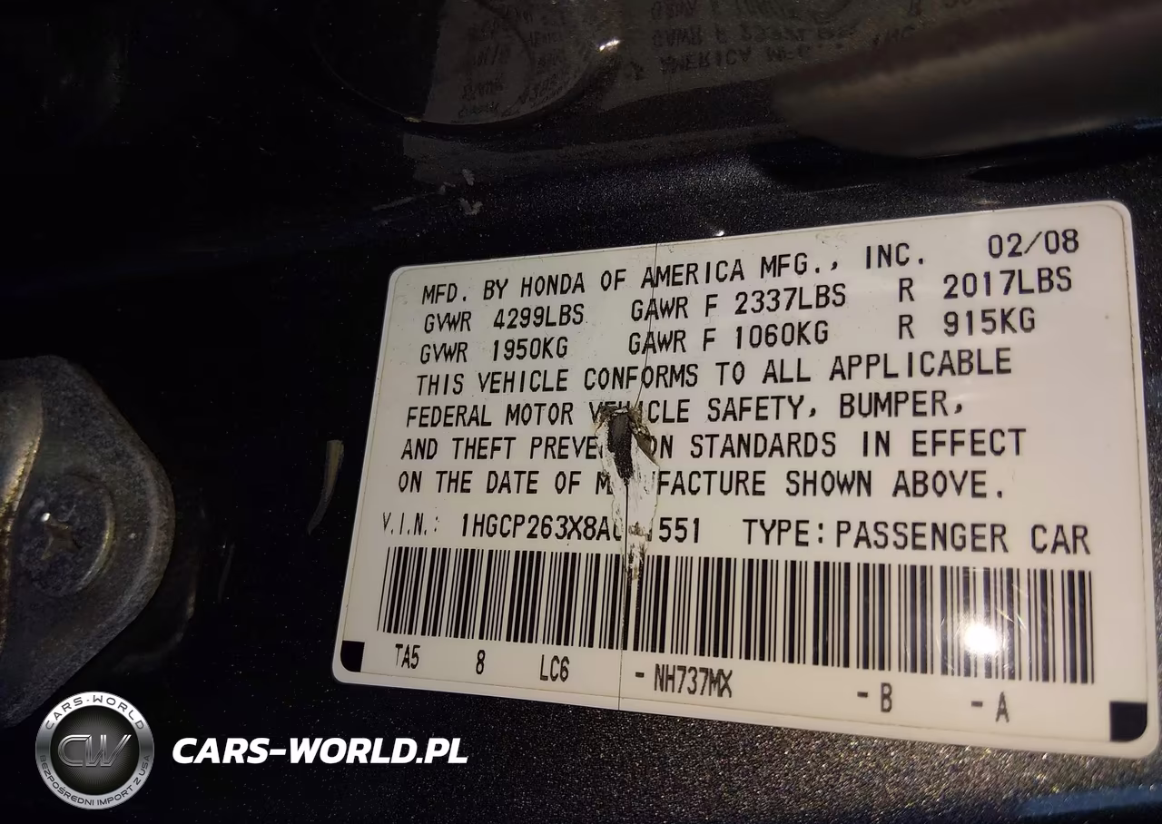 2008 Honda Accord 2.4 Lx VIN:1HGCP263X8A091551 - 9