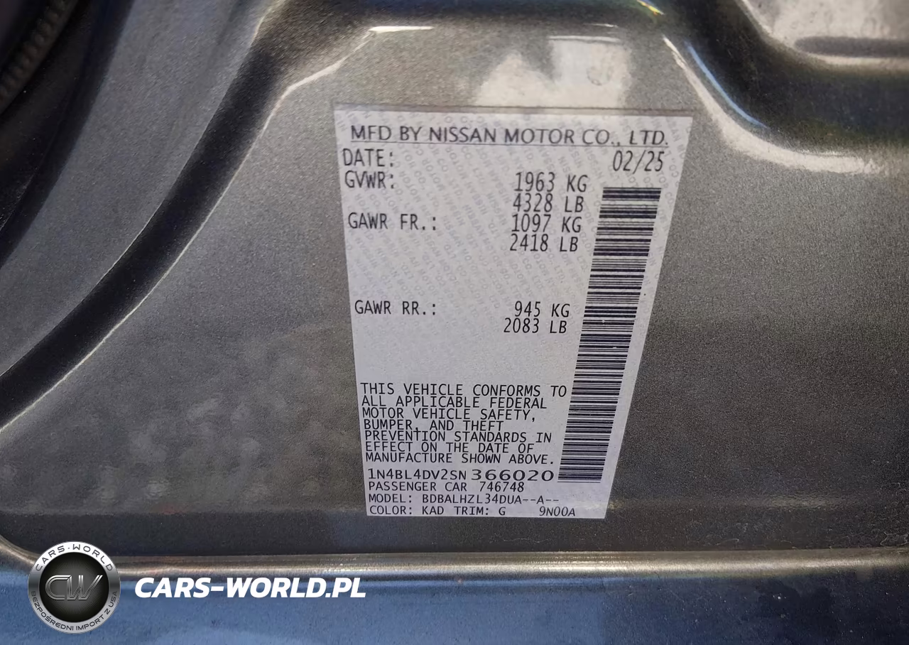 2025 Nissan Altima Sv Fwd VIN:1N4BL4DV2SN366020 - 9