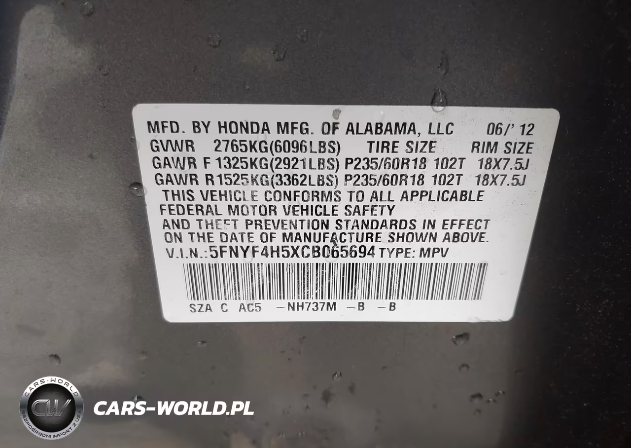 2012 Honda Pilot Ex-L VIN:5FNYF4H5XCB065694 - 9