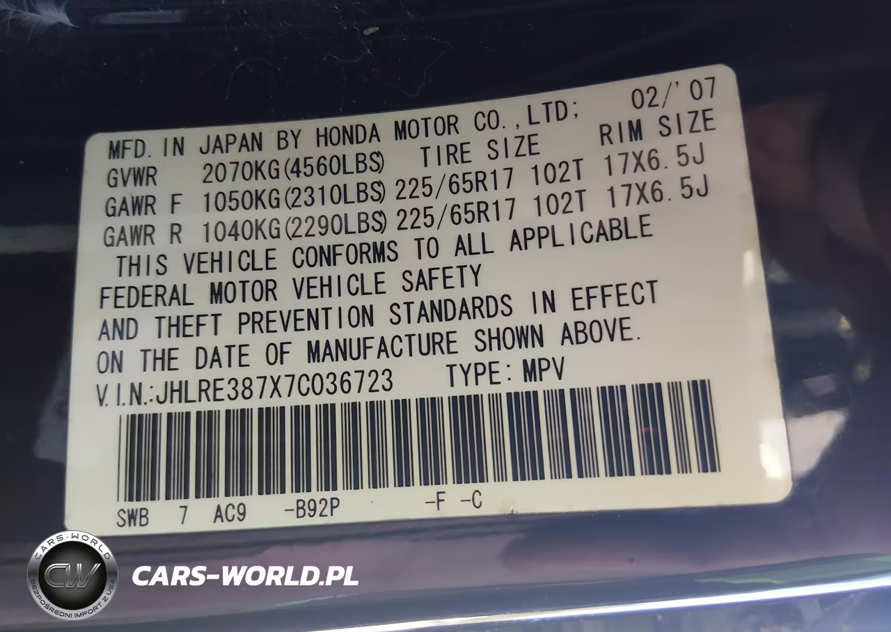 2007 Honda Cr-V Ex-L VIN:JHLRE387X7C036723 - 9