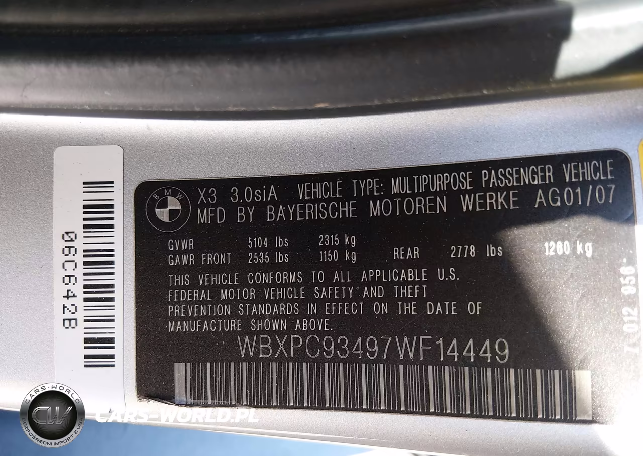2007 BMW X3 3.0Si VIN:WBXPC93497WF14449 - 9