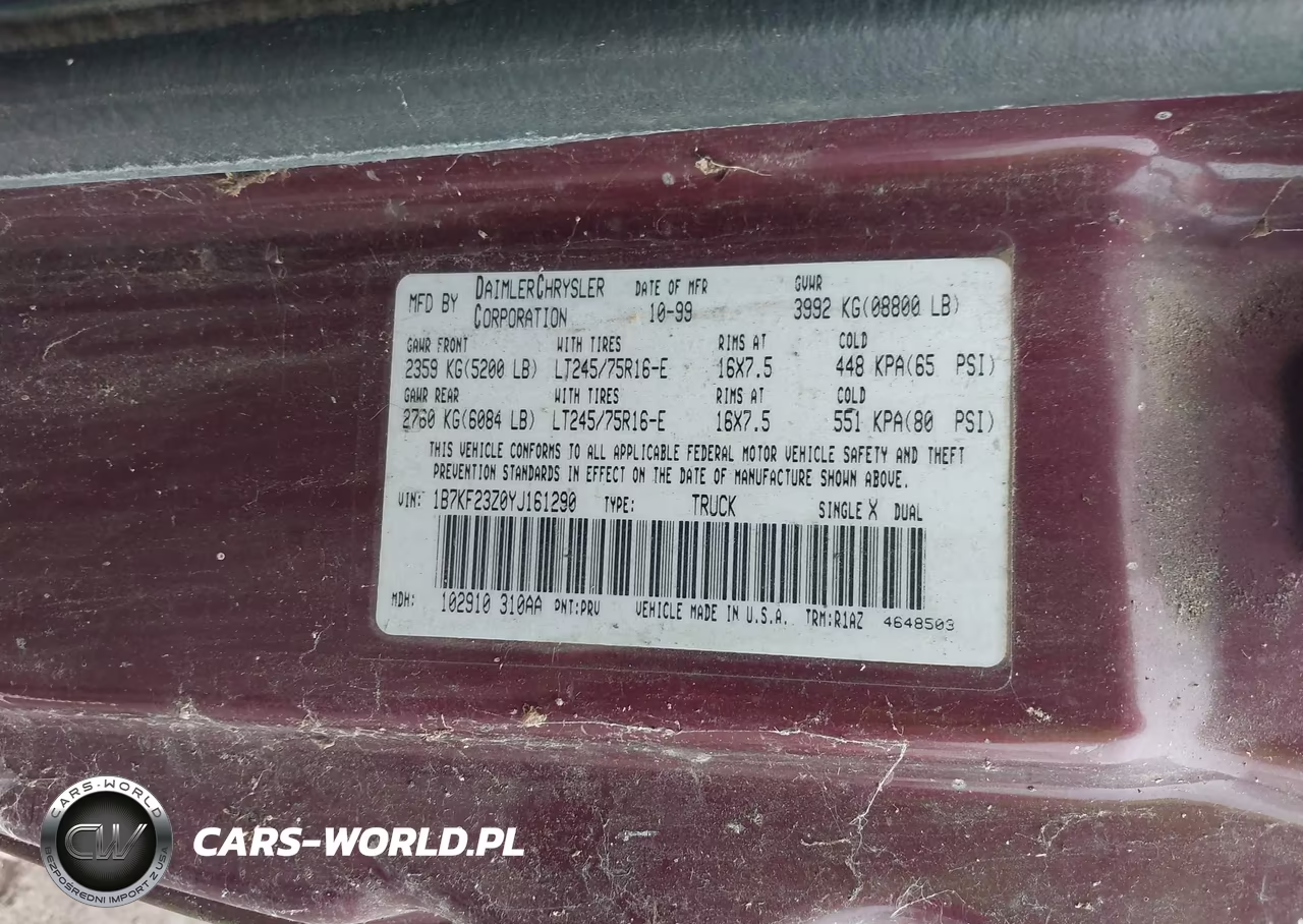 2000 Dodge Ram 2500 St VIN:1B7KF23Z0YJ161290 - 9