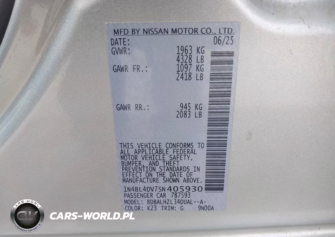 2025 Nissan Altima Sv Fwd VIN:1N4BL4DV7SN405930 - 9