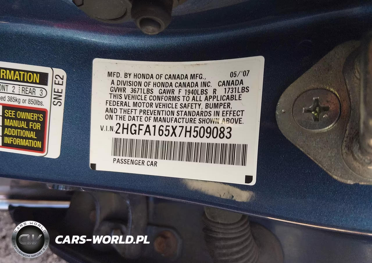 2007 Honda Civic Lx VIN:2HGFA165X7H509083 - 9