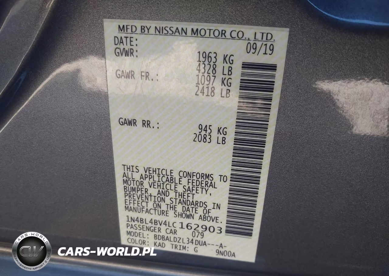 2020 Nissan Altima S Fwd VIN:1N4BL4BV4LC162903 - 9